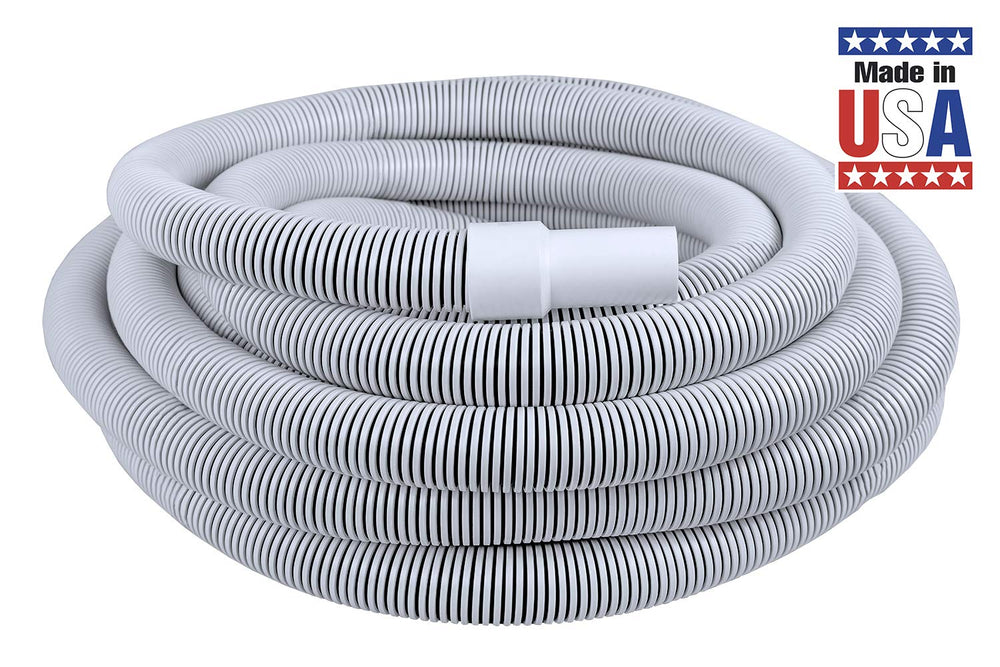 Poolmaster hose coiled next to a tape measure showing the full 45-foot reach
