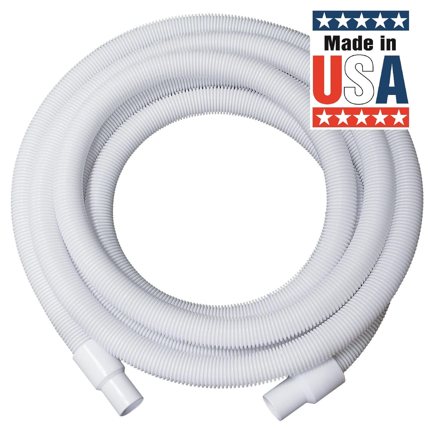 Poolmaster hose next to tape measure illustrating true 27-foot length advantage