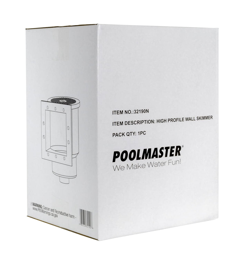Poolmaster skimmer at pool edge in backyard scene demonstrating clearer water benefit