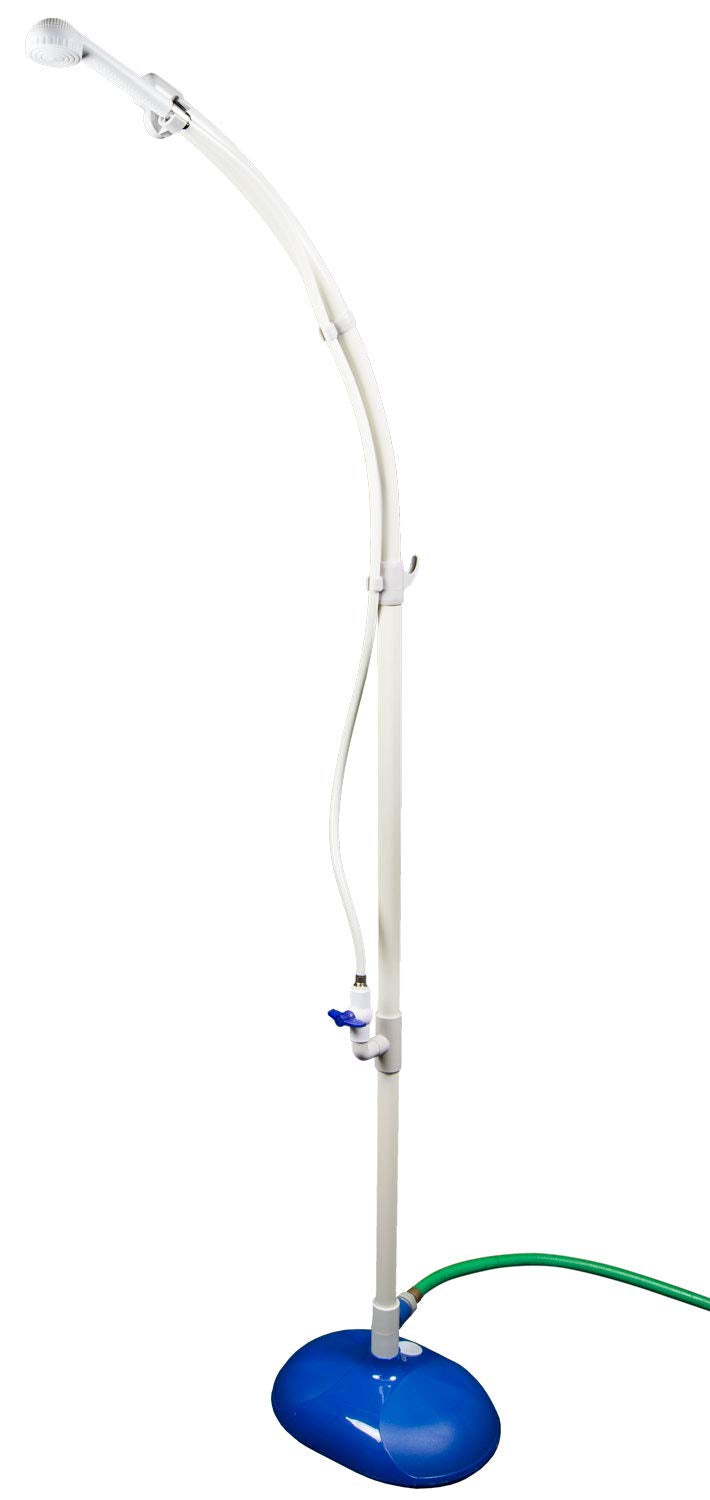 Poolmaster portable shower front view showing complete unit and stability
