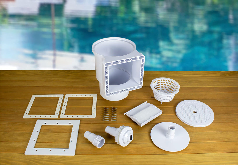 Poolmaster return fitting and vacuum plate displayed for versatile maintenance benefit