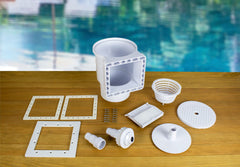 Poolmaster return fitting and vacuum plate displayed for versatile maintenance benefit