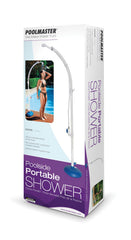 Poolmaster shower in use by pool with person rinsing feet quickly