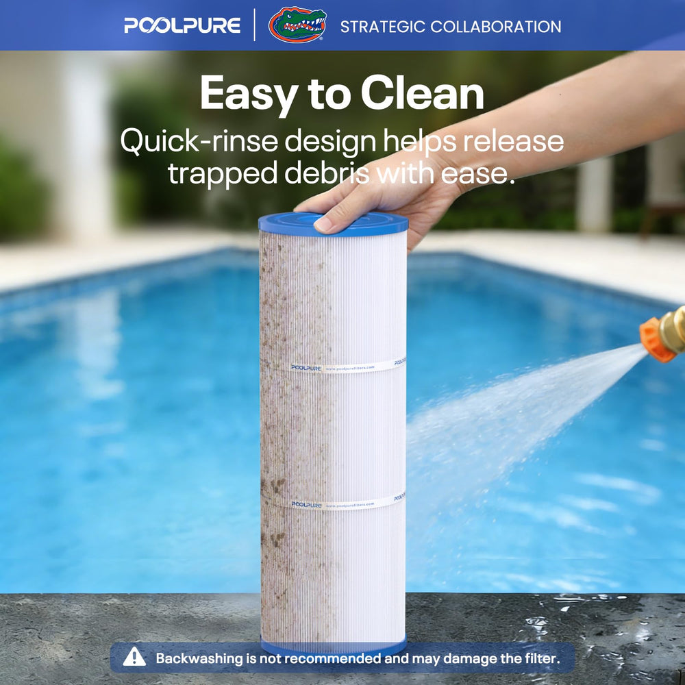POOLPURE being rinsed under hose, illustrates easy cleaning and maintenance