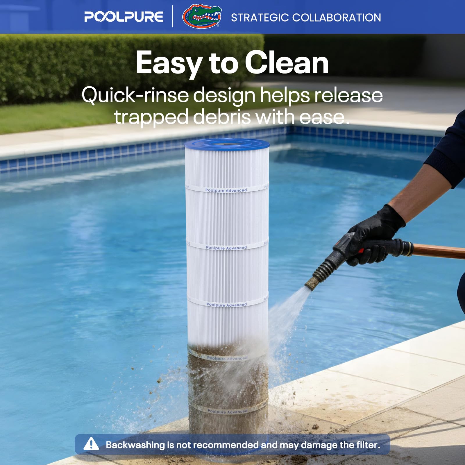 POOLPURE cartridge in backyard pool setting conveying reliable filtration for family enjoyment