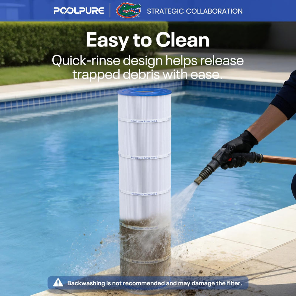 POOLPURE cartridge in backyard pool setting conveying reliable filtration for family enjoyment