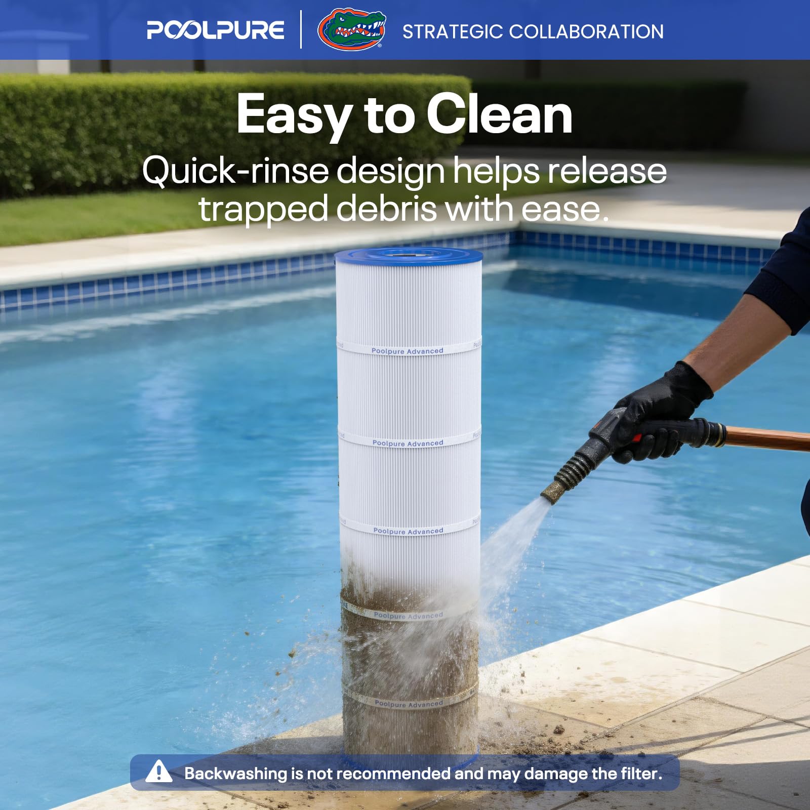 POOLPURE C4030 being rinsed to show simple cleaning and dirt release