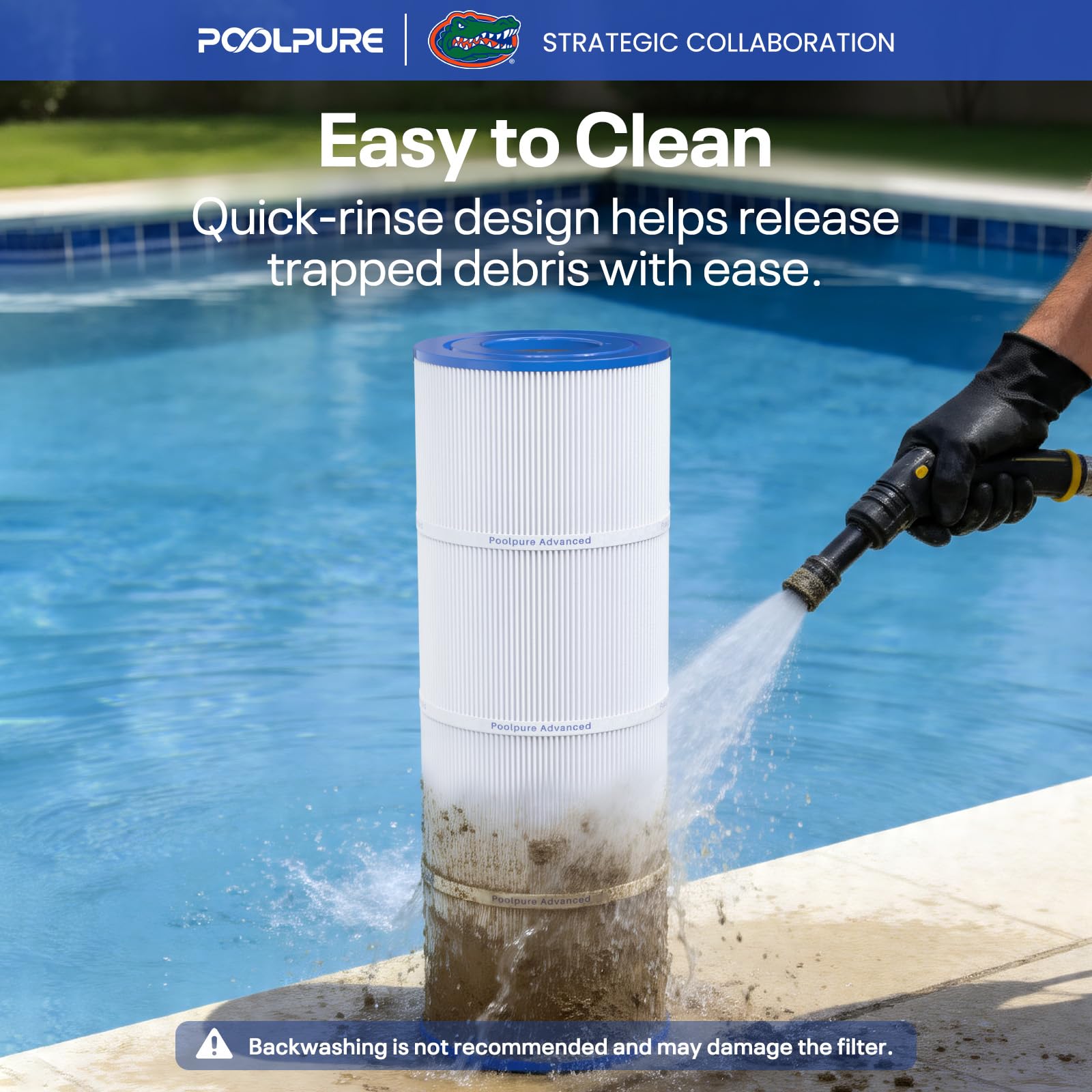 POOLPURE being rinsed under hose to demonstrate effortless cleaning and maintenance