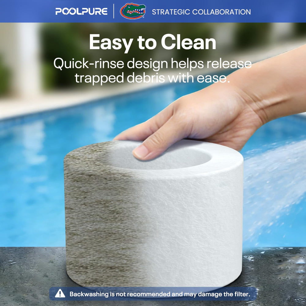 POOLPURE filter being rinsed under hose showing fast dirt release and easy maintenance