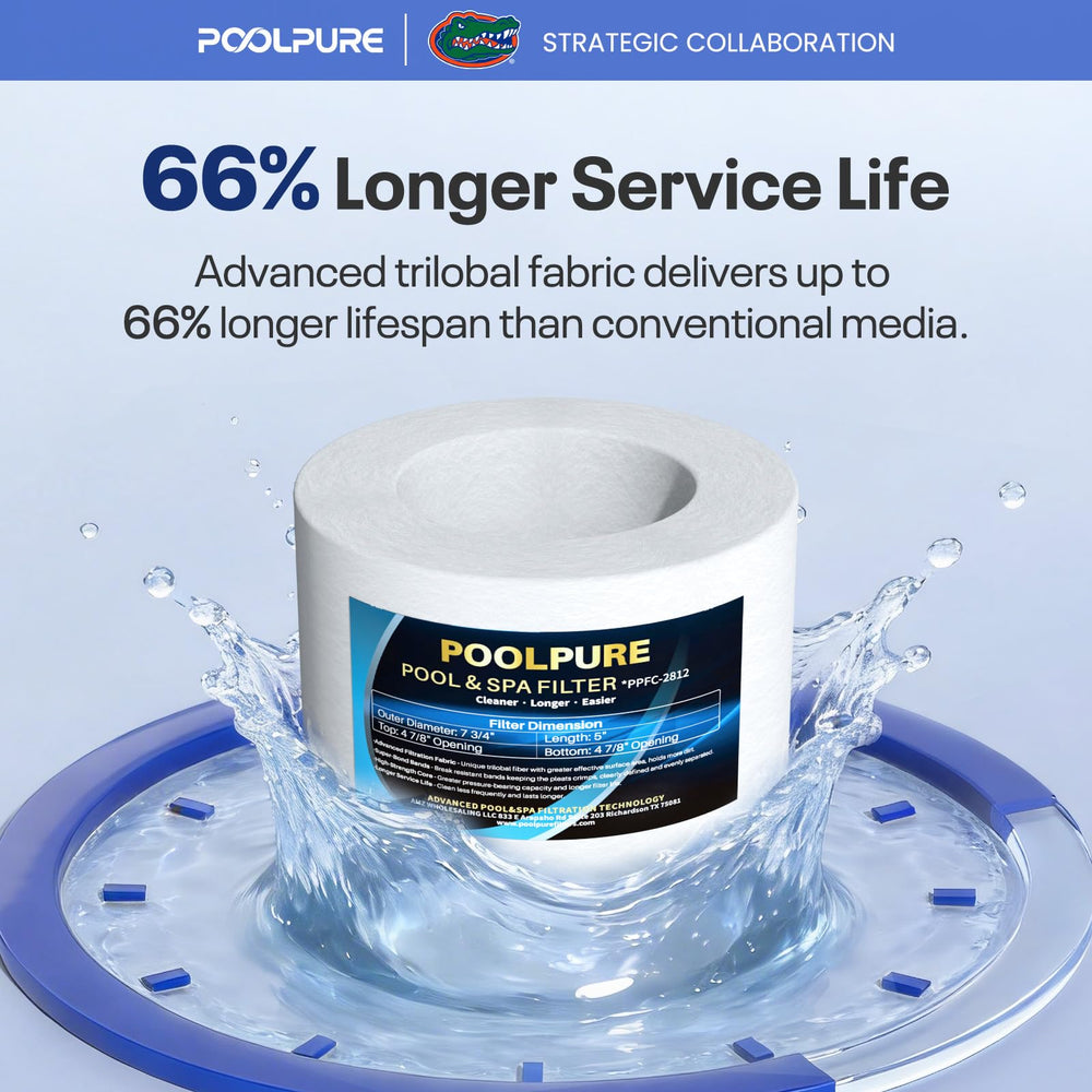 POOLPURE cartridge held in hand for scale showing compact size and simple handling
