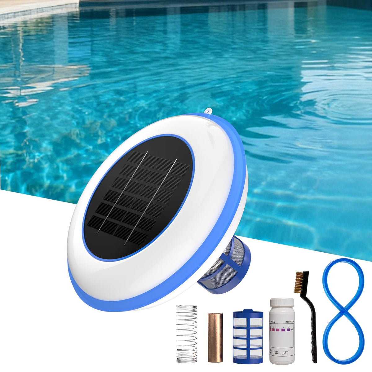 POOLPURE floating unit front view showing durable housing and easy placement benefit
