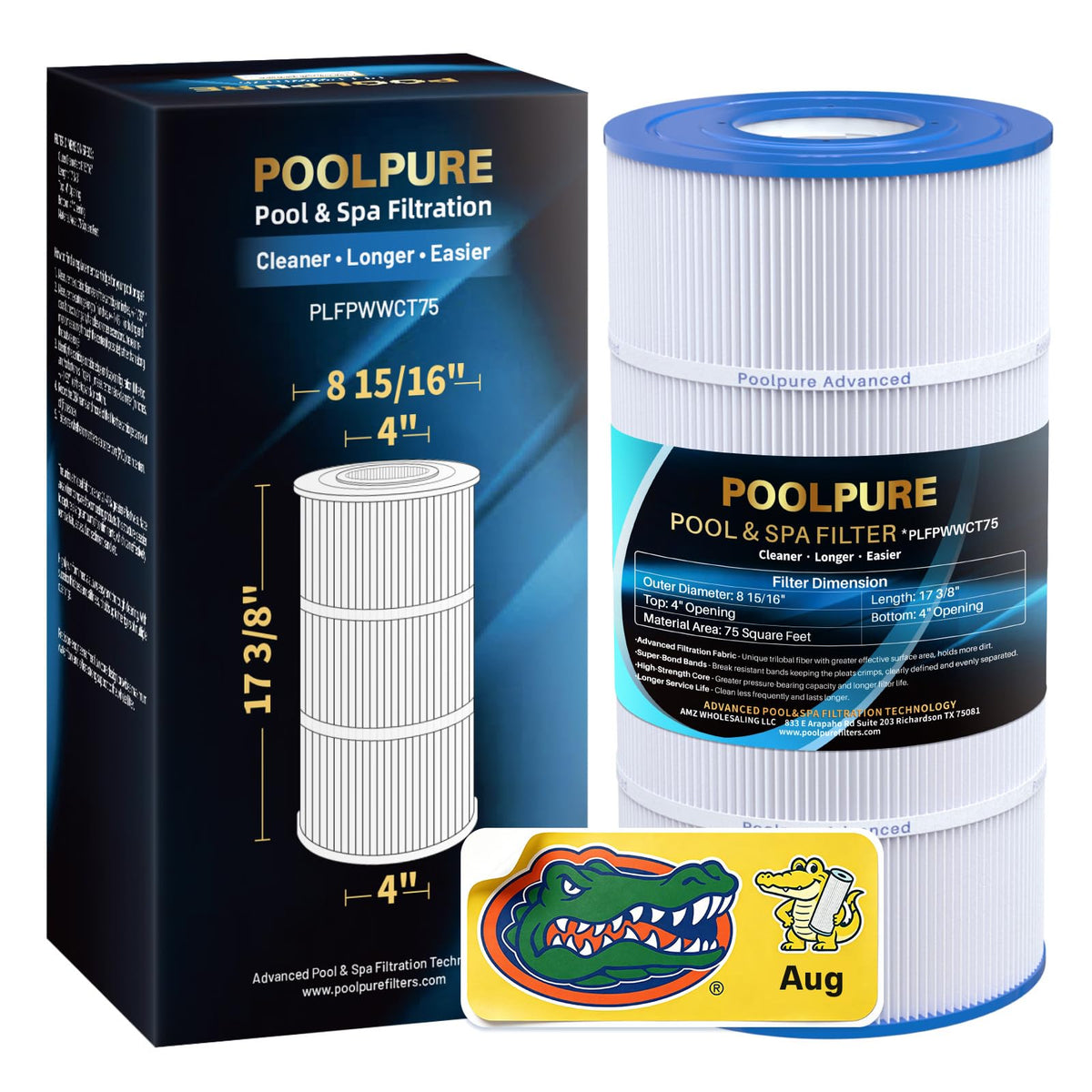 POOLPURE front packaging showing model PLFPWWCT75 and clear fit benefits