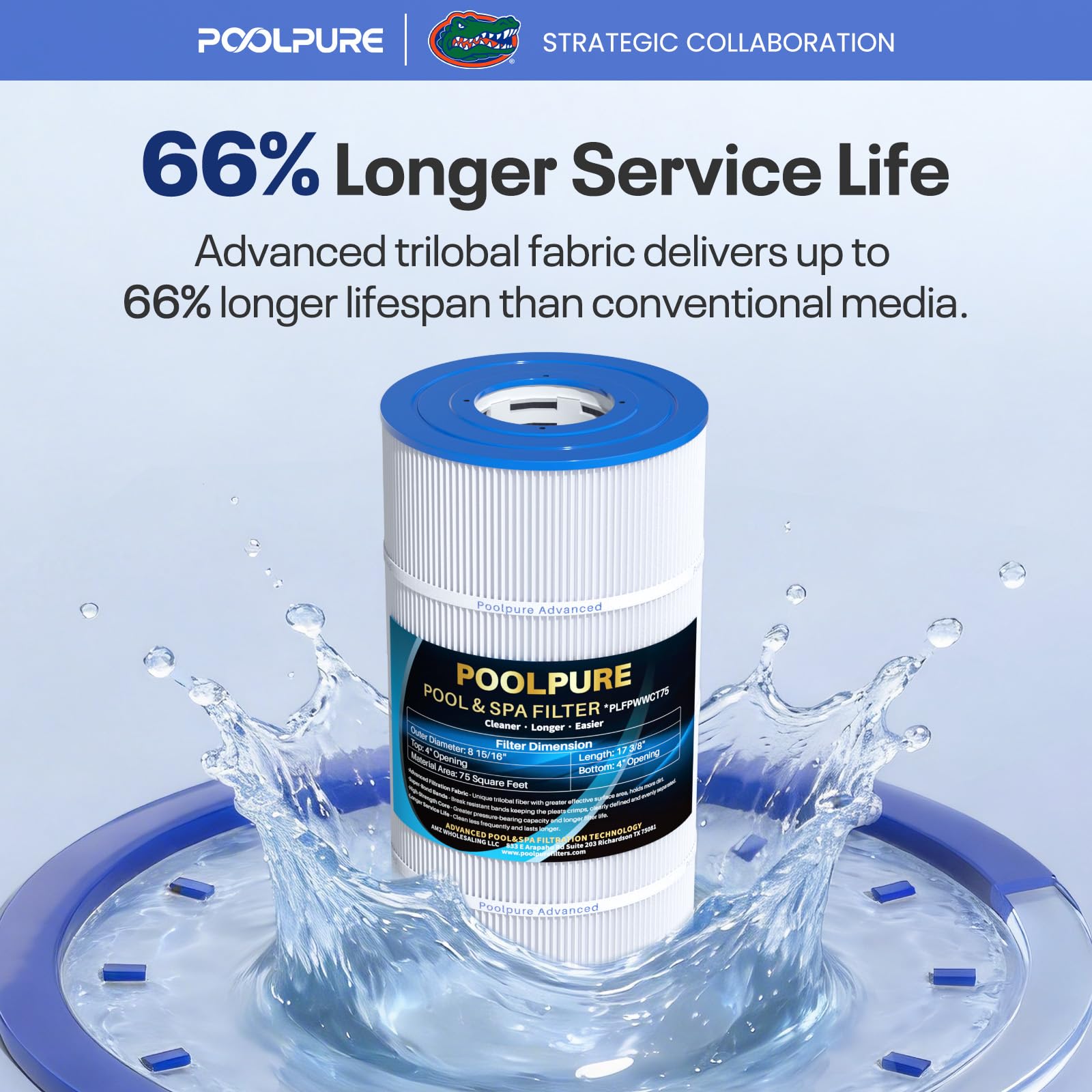 POOLPURE cartridge pictured with crystal-clear pool demonstrating effective filtration