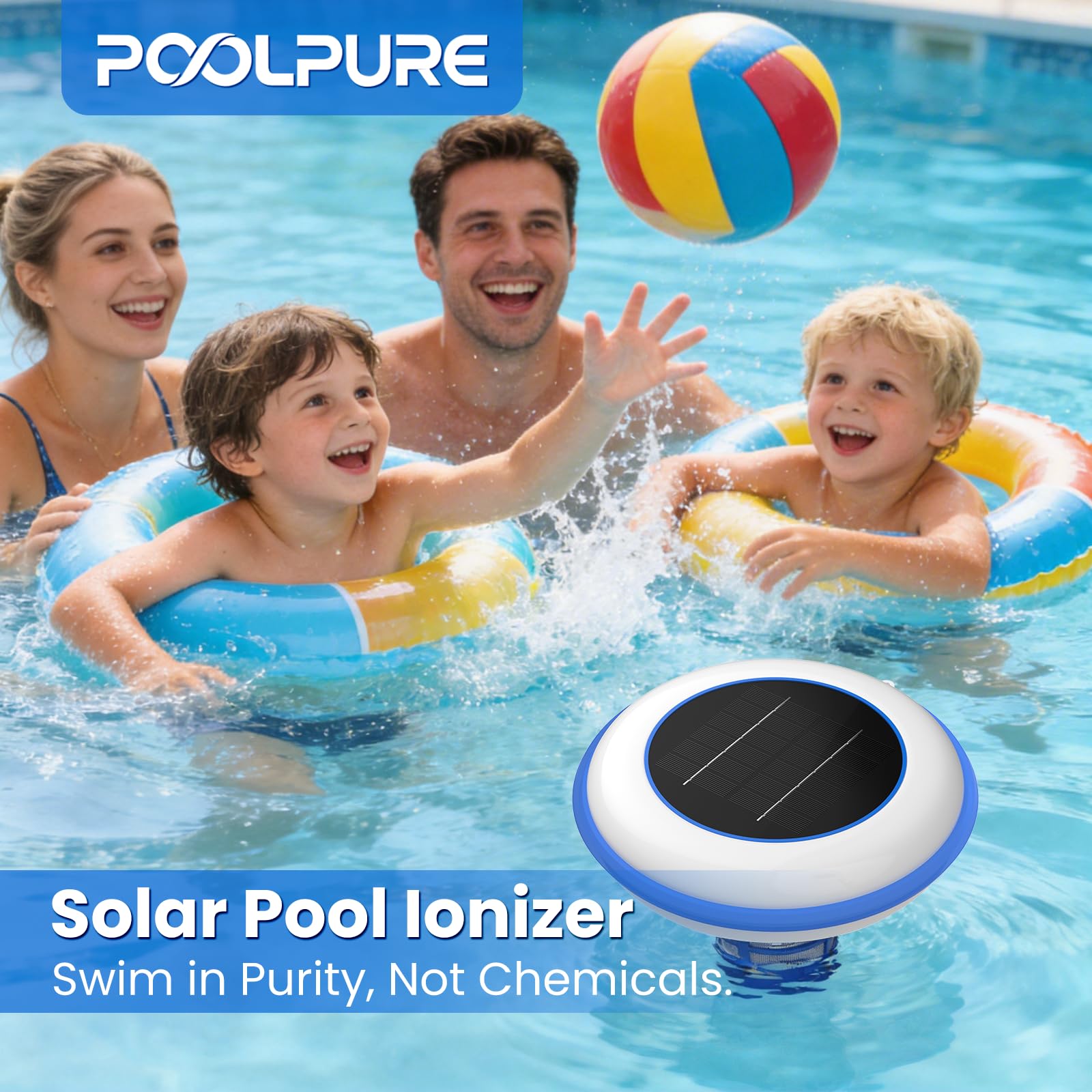 POOLPURE kit contents display including brush, test strips, and anode for quick setup
