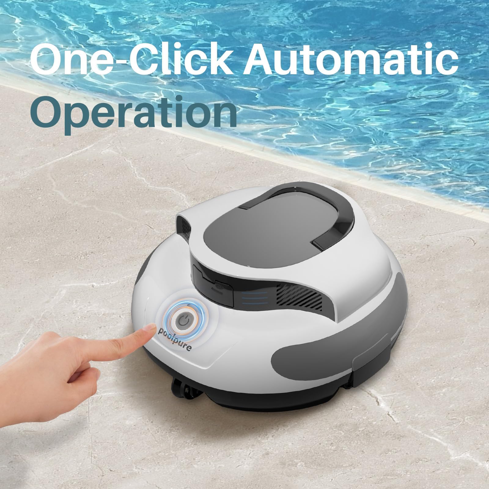 POOLPURE lid open showing debris bin for simple maintenance