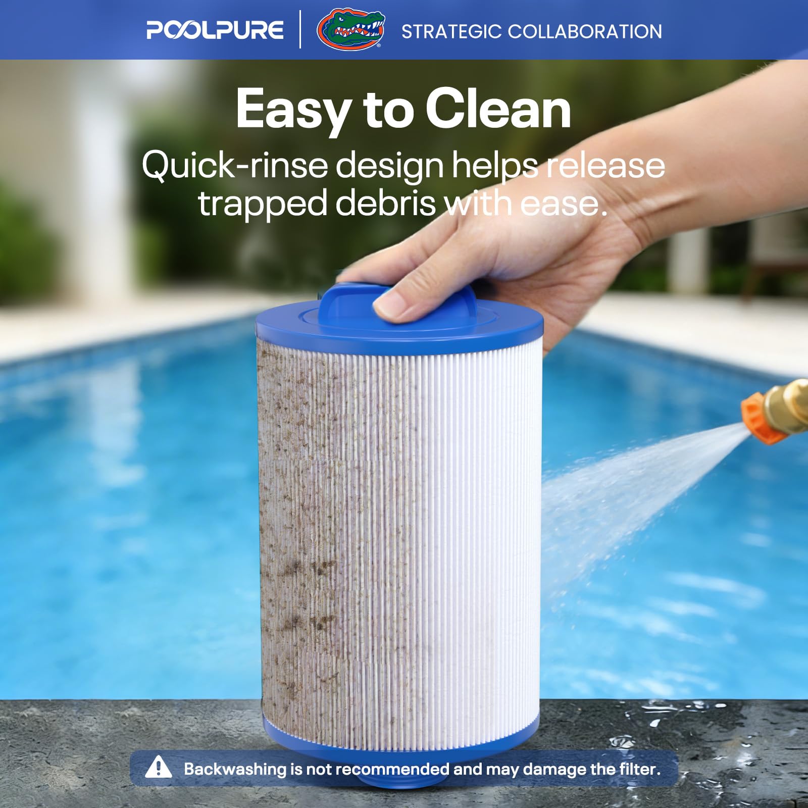 POOLPURE lifestyle shot by patio spa emphasizing reliable clean water enjoyment