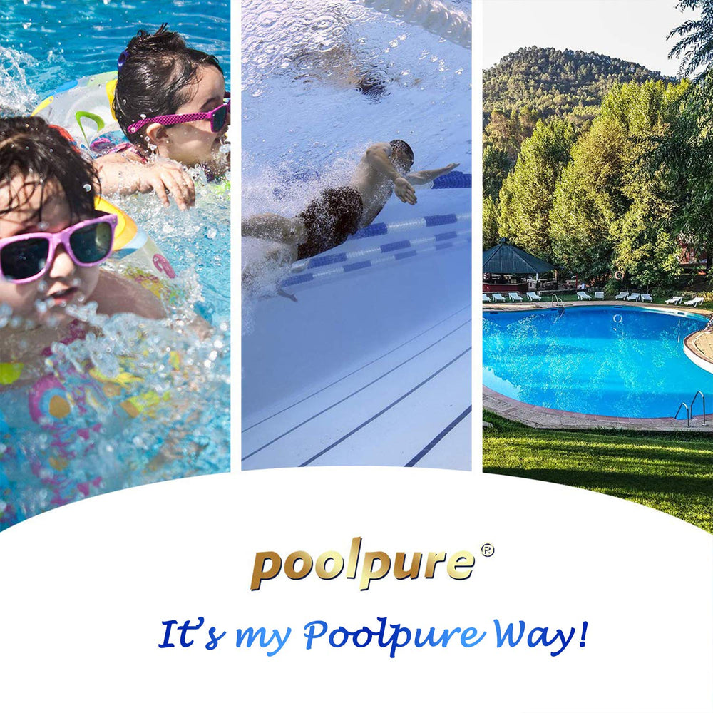 POOLPURE cartridge beside a clean spa illustrating clearer water and user confidence