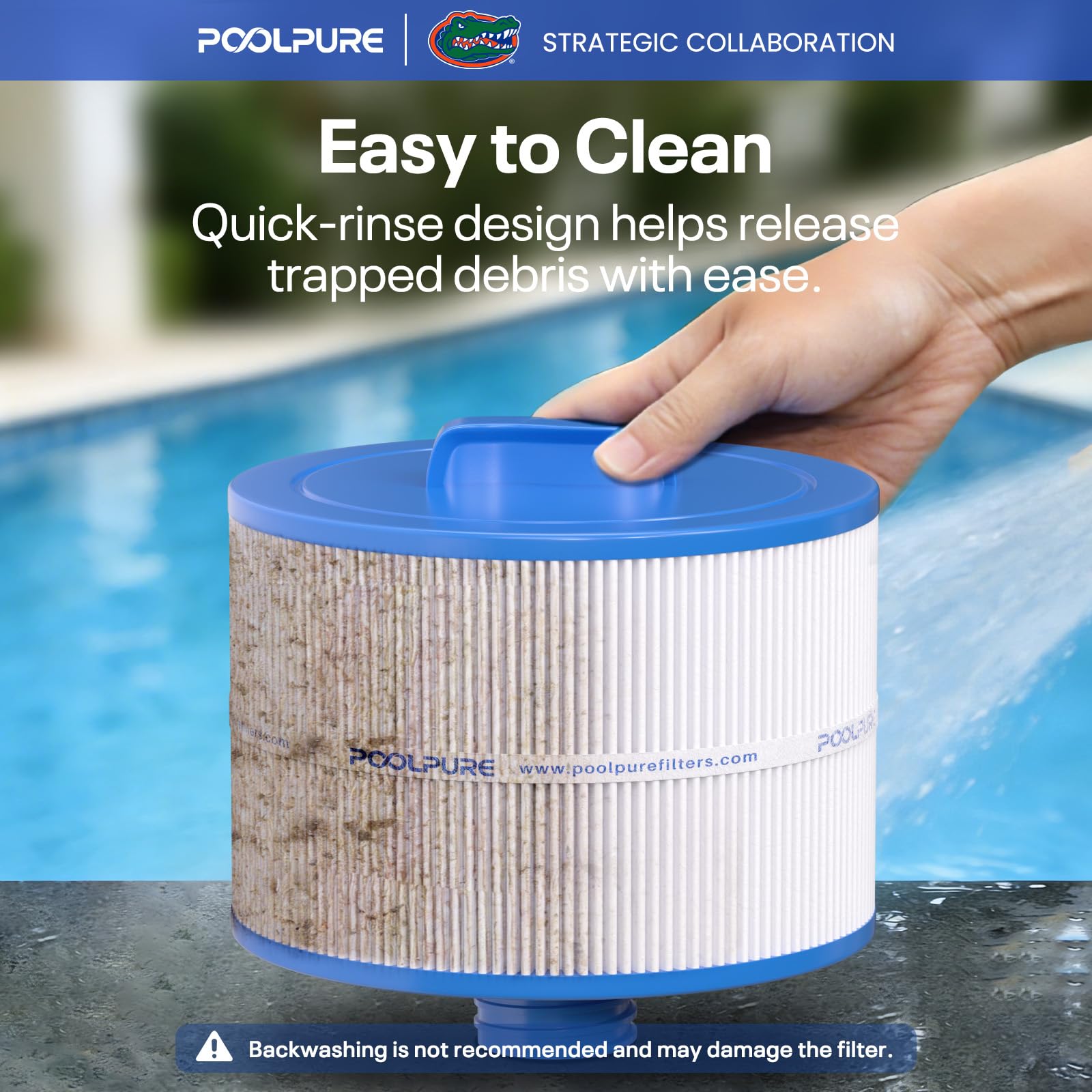 POOLPURE packaging and label displaying NSF/ANSI 50 certification and specs
