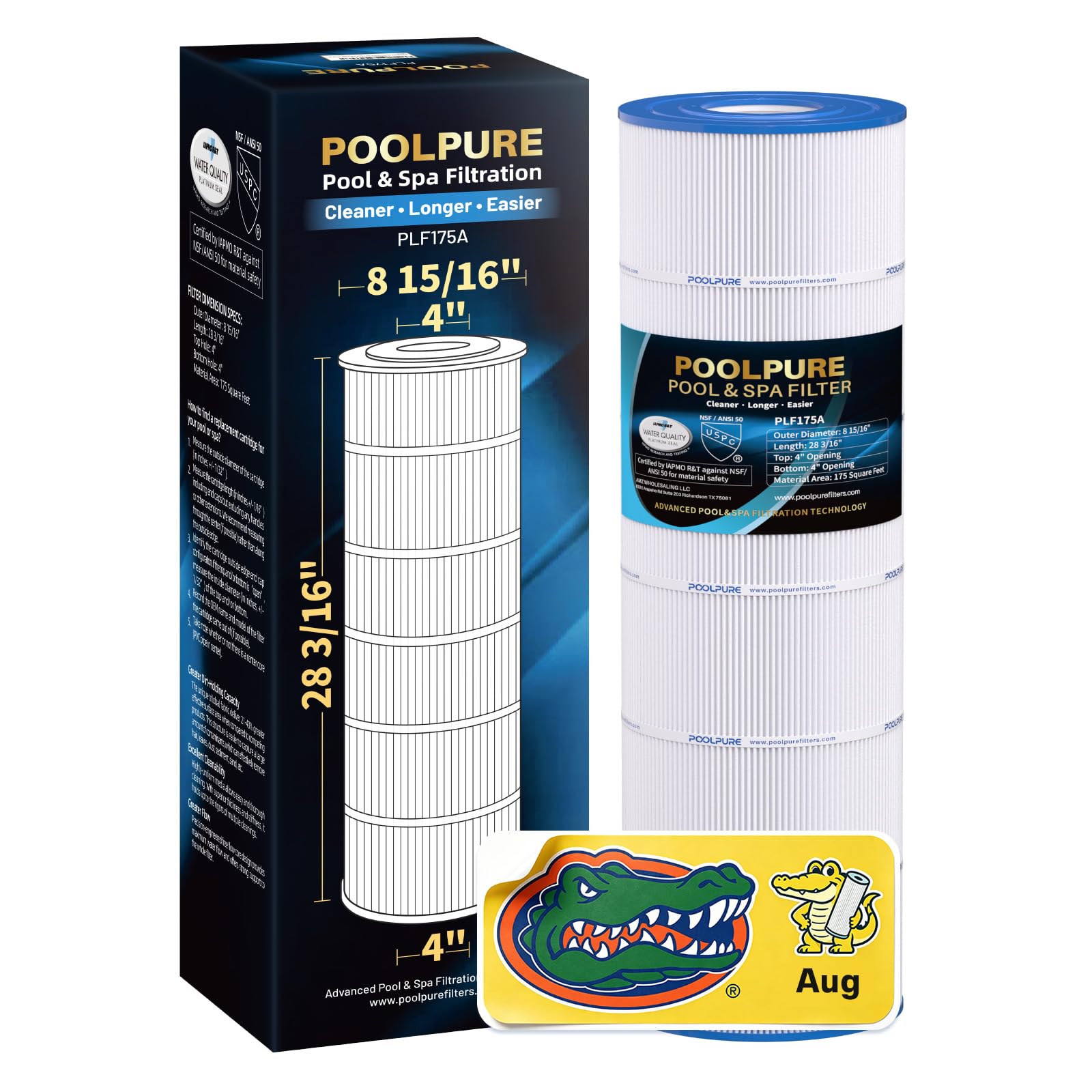 POOLPURE PLF175A front view showing full cartridge and benefit of clear fit