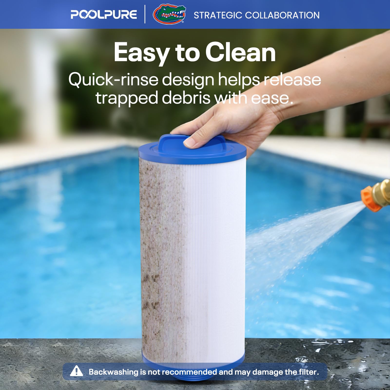 POOLPURE rinsing the PLF4CH-24 under a hose showing simple debris release for fast cleaning