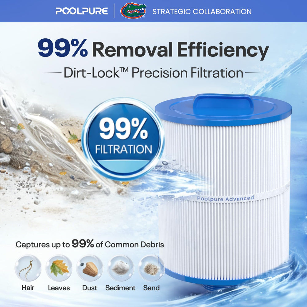POOLPURE filter beside measuring tape to show 8-inch length scale