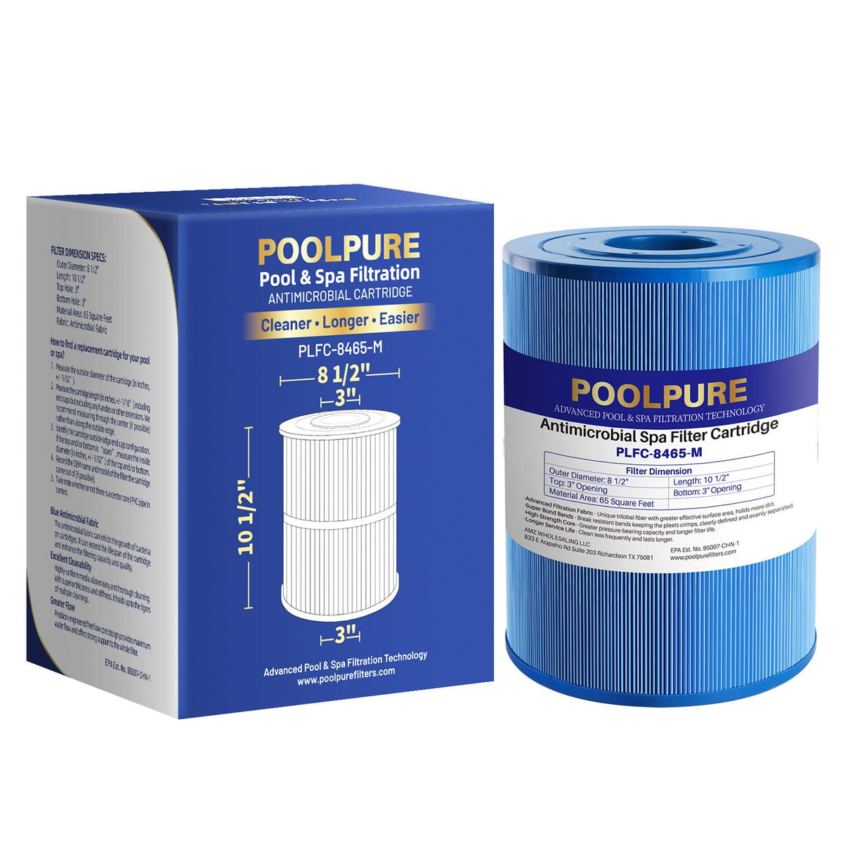 POOLPURE spa filter front view showing cartridge and fit benefit