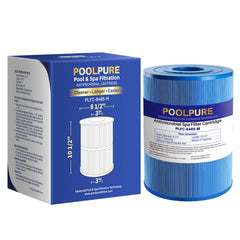 POOLPURE spa filter front view showing cartridge and fit benefit