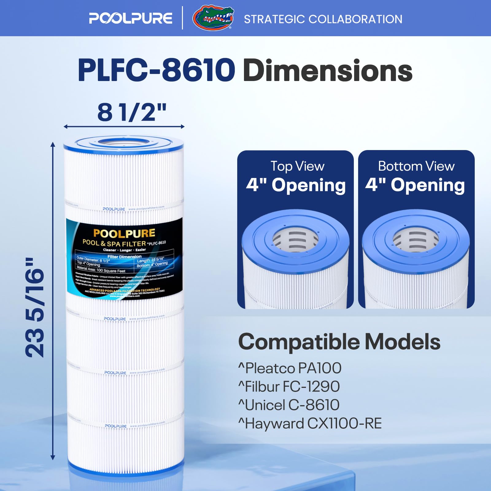POOLPURE close-up bottom opening of PLFC-8610 ensuring correct housing fit
