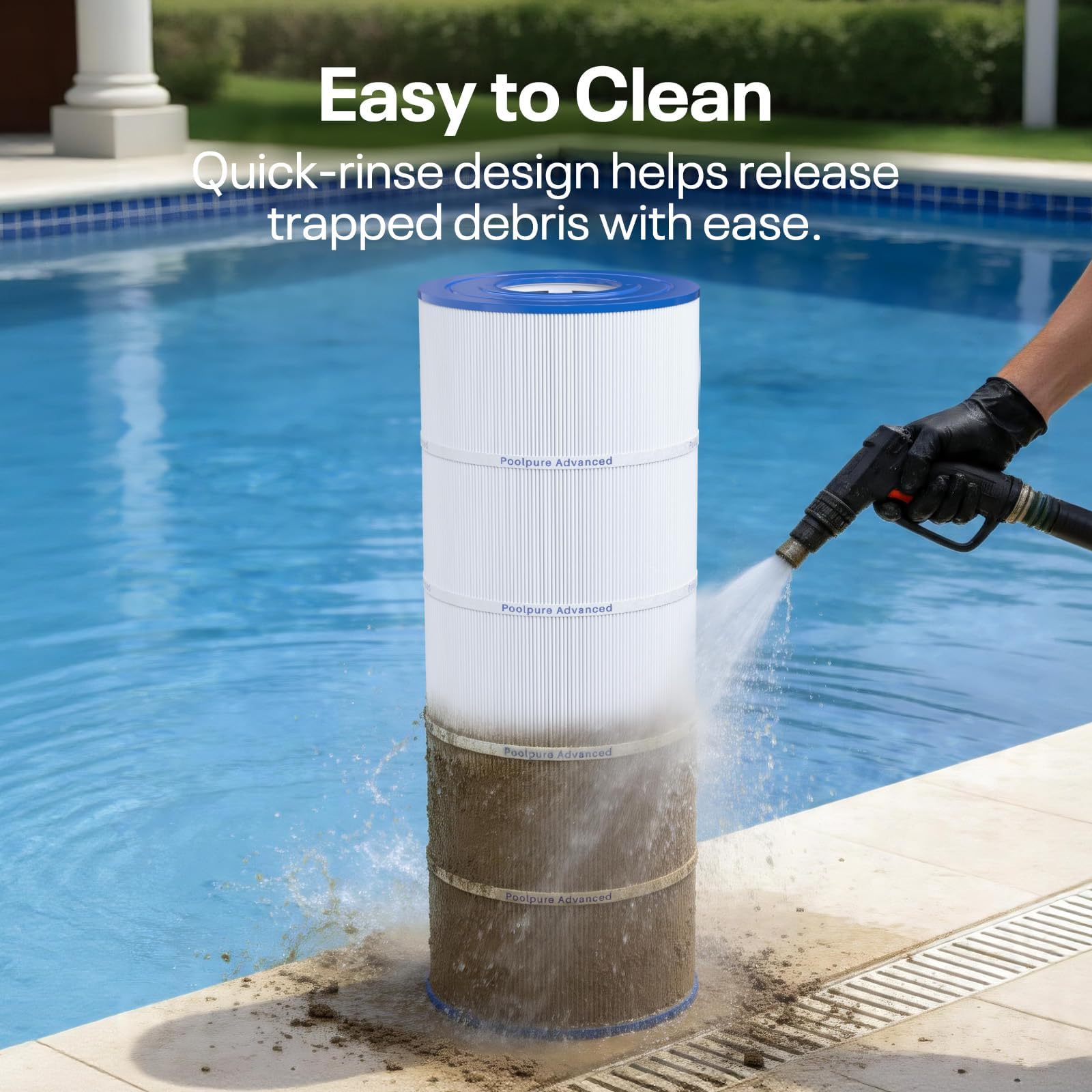POOLPURE rinsing cartridge under hose demonstrating quick dirt release and cleaning