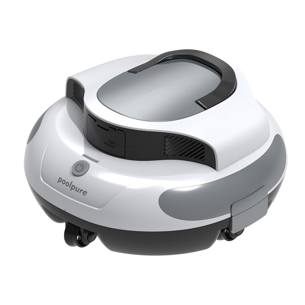 POOLPURE front view showing compact cordless cleaner and benefit of easy deployment