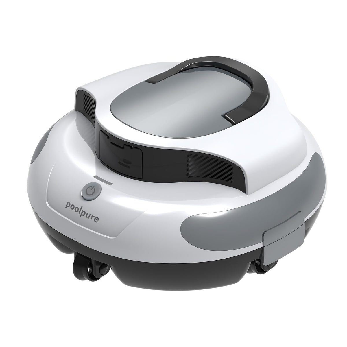 POOLPURE front view showing compact cordless cleaner and benefit of easy deployment