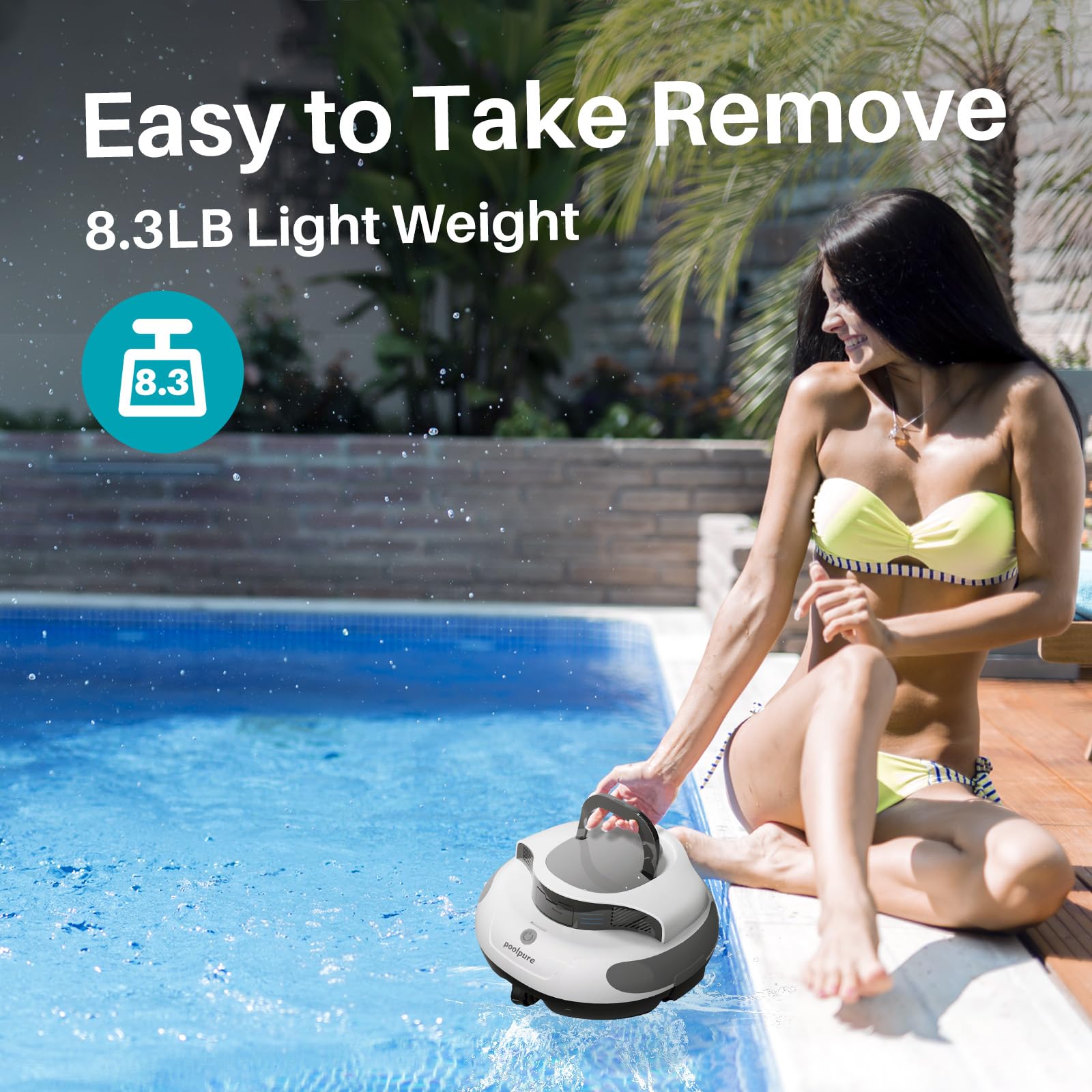 POOLPURE cleaning waterline and wall to remove scum for improved pool appearance