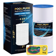 POOLPURE cartridge front view showing full-length filter and fit benefit