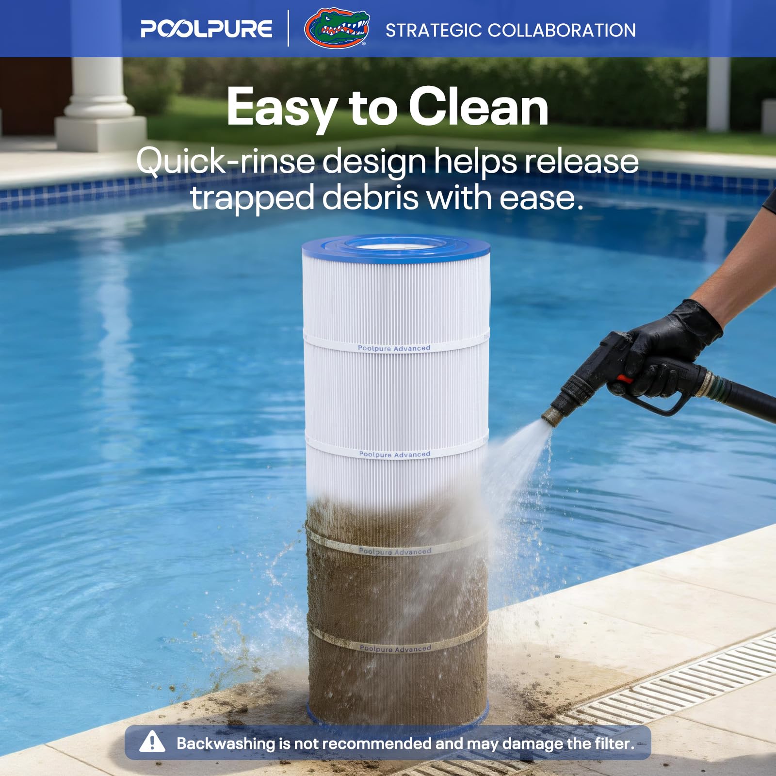 POOLPURE cartridge installed in filter housing restoring clear water