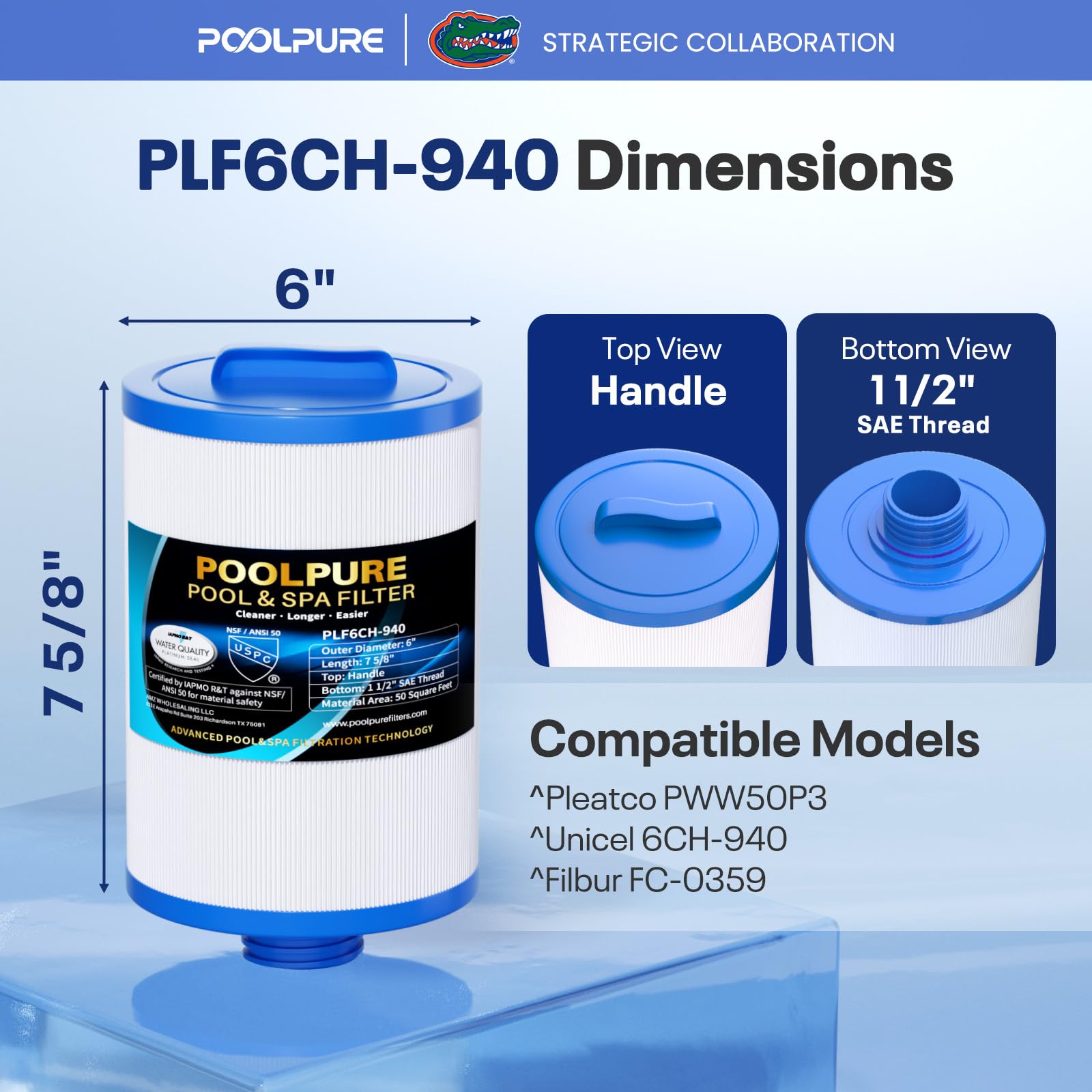 POOLPURE detalle de la rosca inferior 1 1/2" que asegura ajuste compatible y sellado