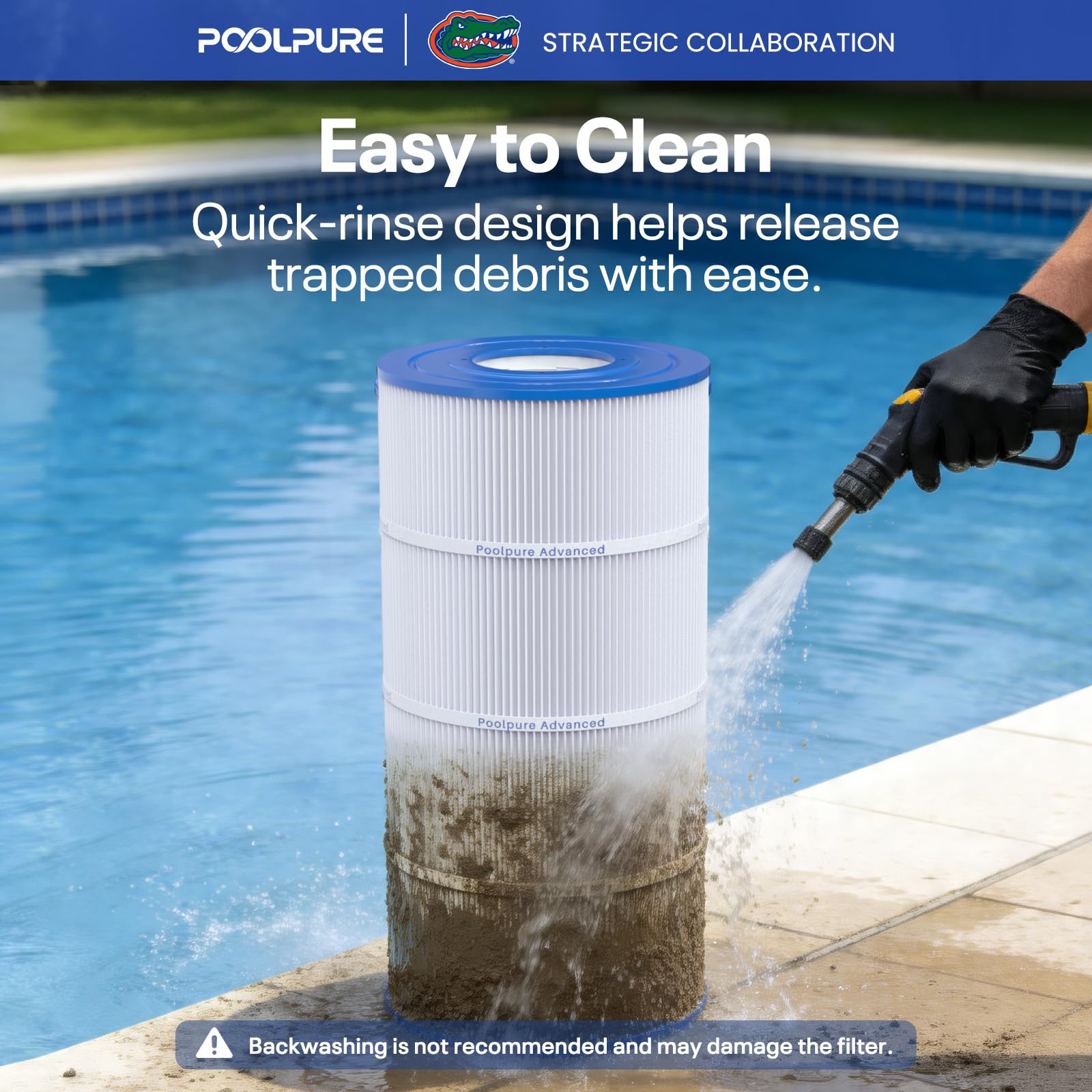 POOLPURE next to tape measure illustrating 17 3/8 inch length for quick verification