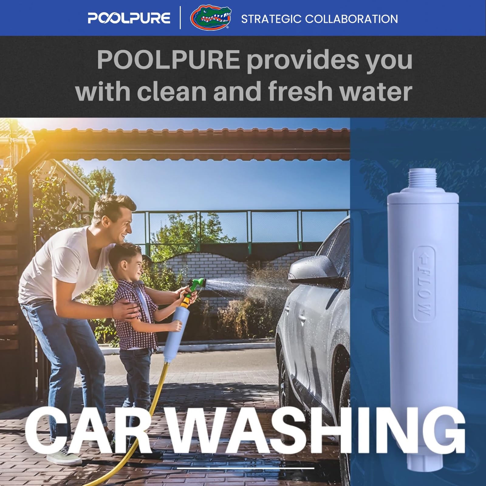 POOLPURE filter beside hand for size comparison illustrating portable, user-friendly benefit