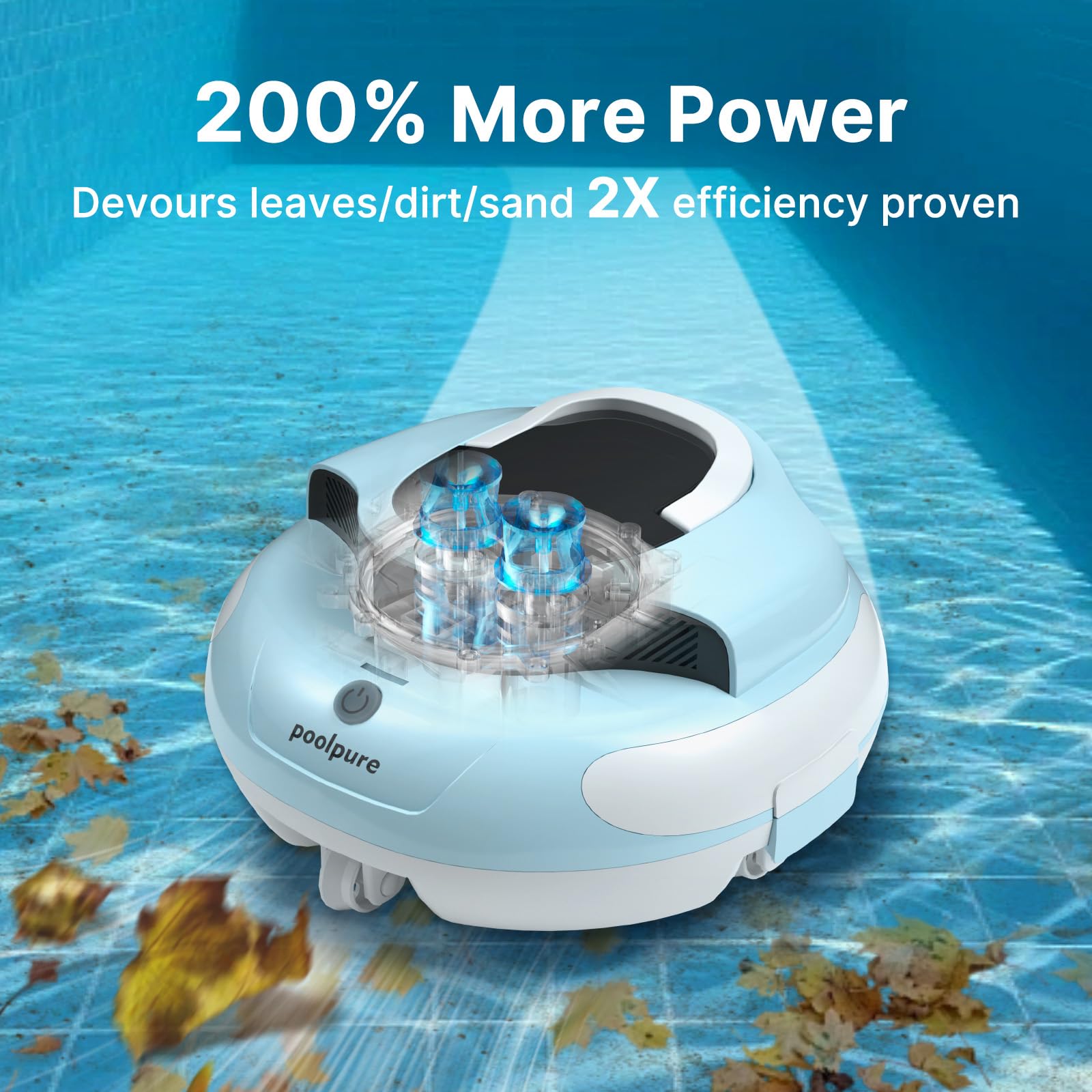 POOLPURE underside showing brushes and intake for improved debris pickup