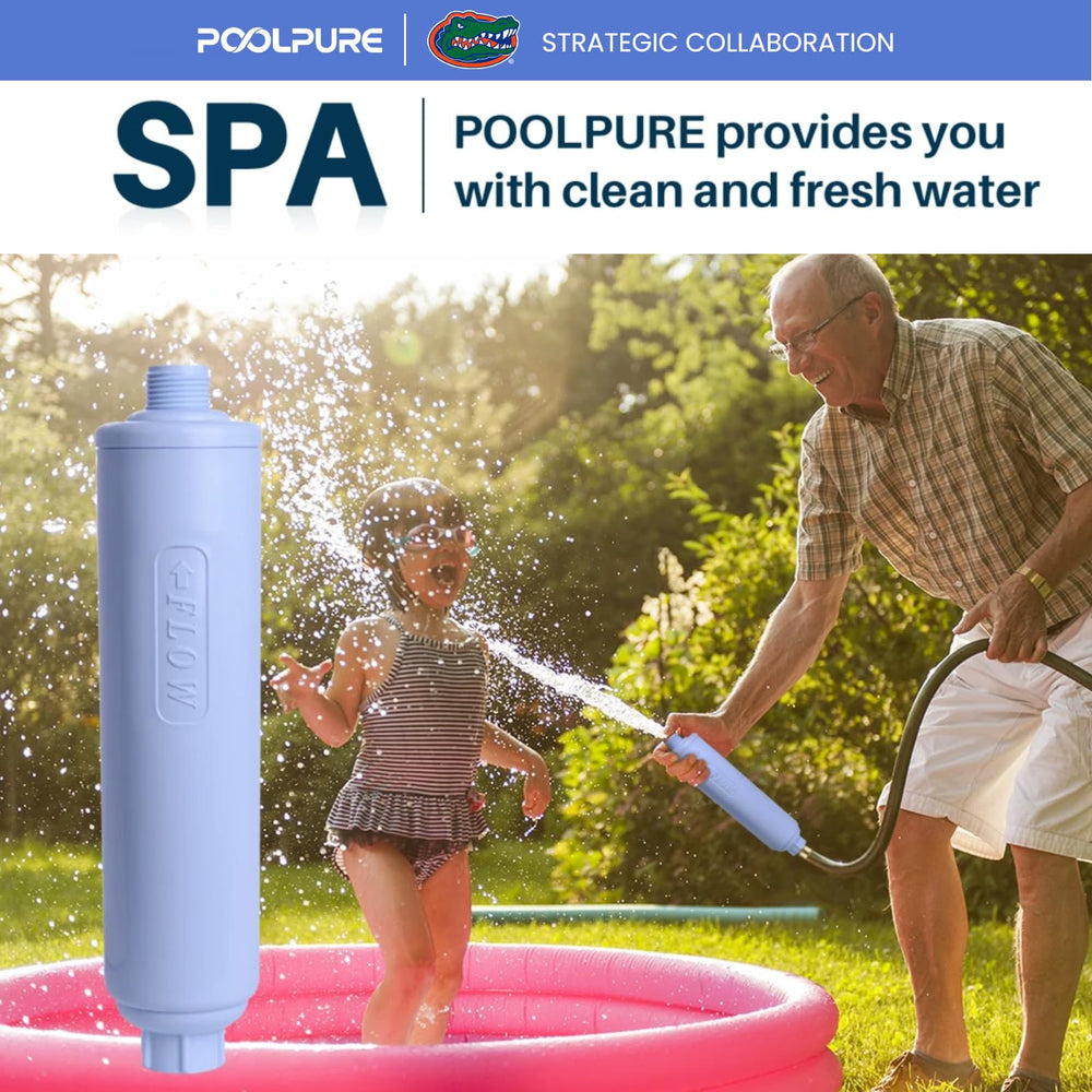 POOLPURE water flow from filter into pool showing clearer, reduced-odor fill water
