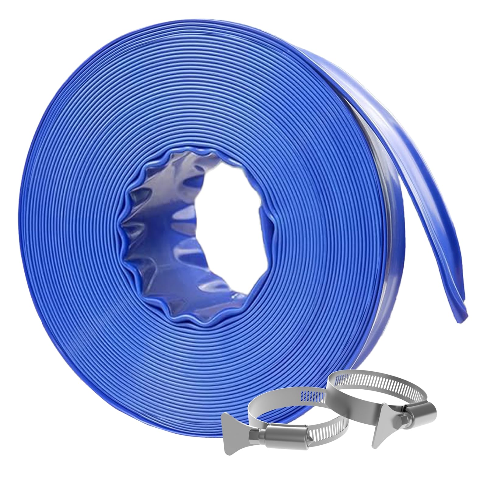 Poolvio front view of coiled blue lay-flat hose showing compact storage and easy transport