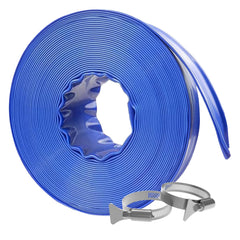 Poolvio front view of coiled blue lay-flat hose showing compact storage and easy transport