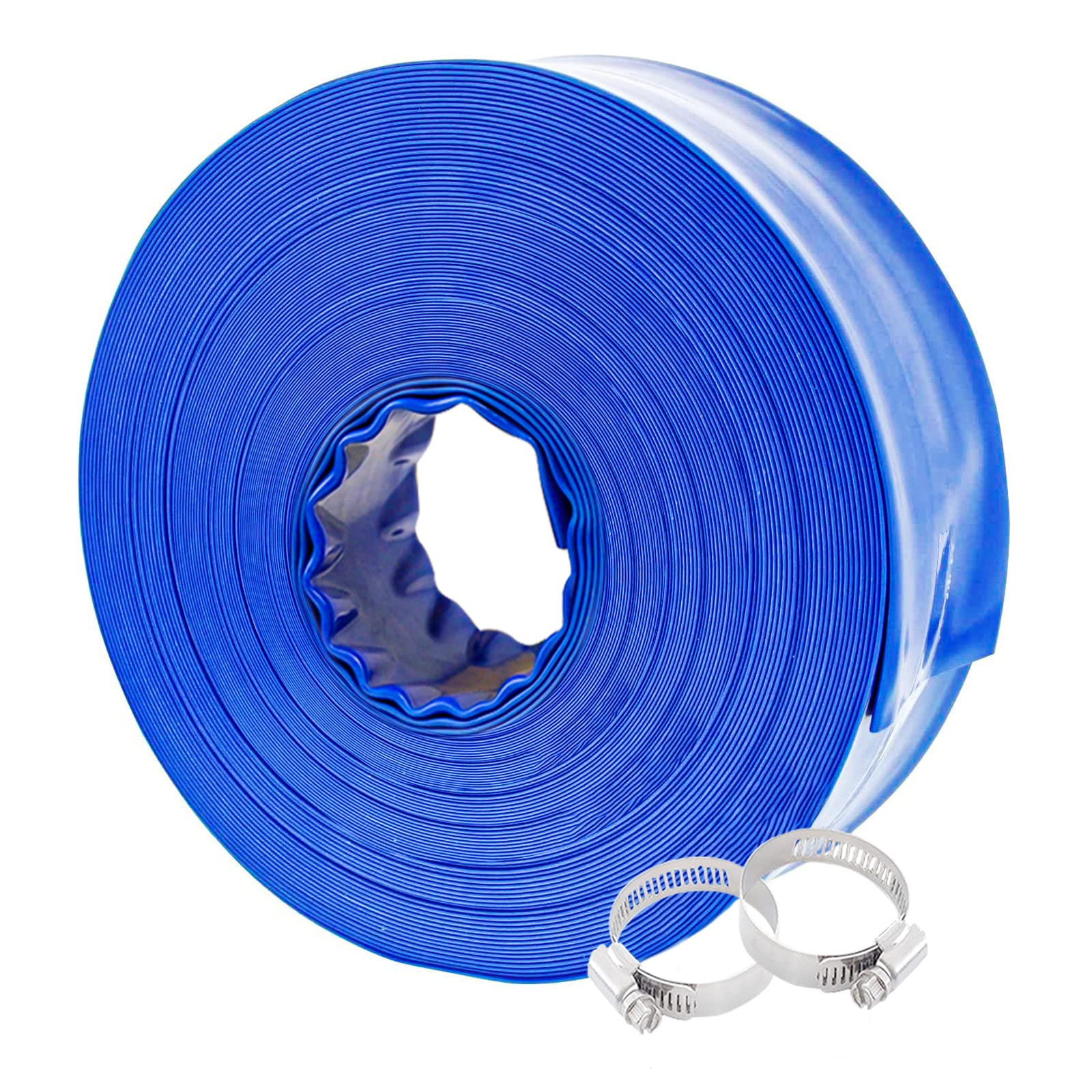 Poolvio front view showing full 100-foot blue hose for reliable pool drainage