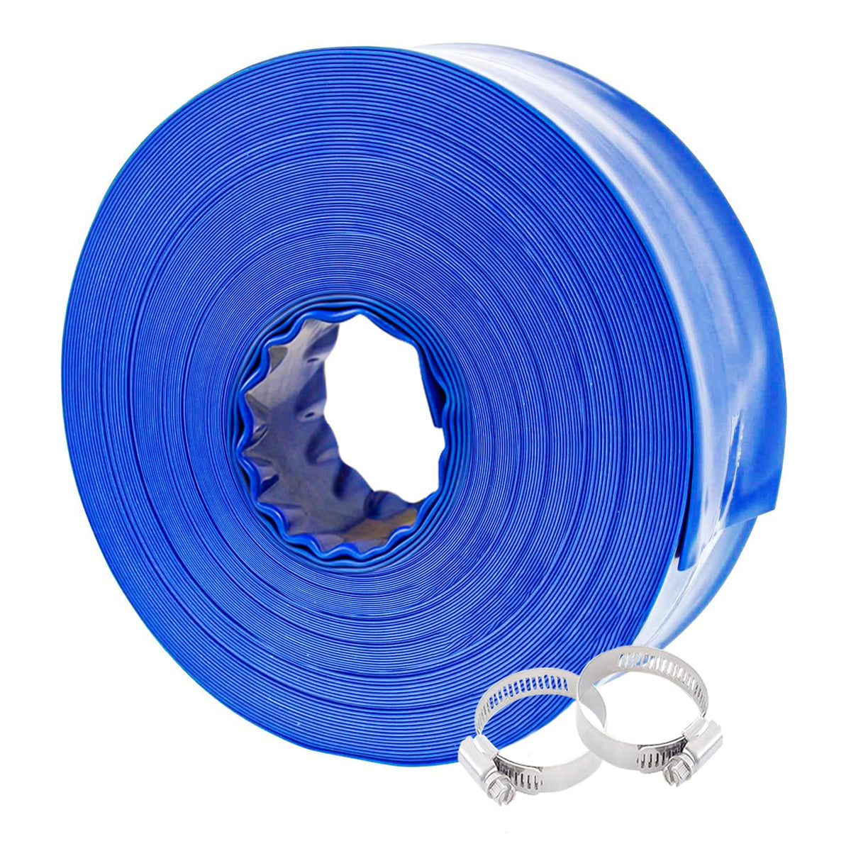 Poolvio front view showing full 100-foot blue hose for reliable pool drainage
