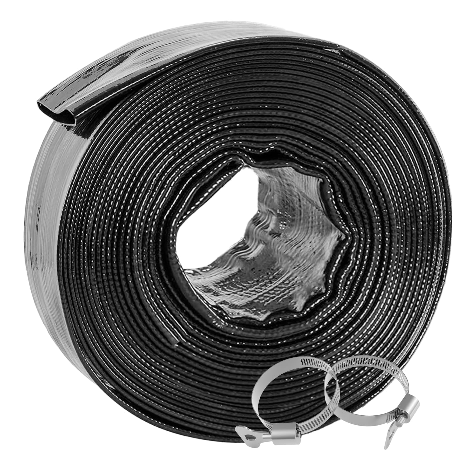 Poolvio coiled 1.5-inch x 50ft hose showing compact storage and easy handling