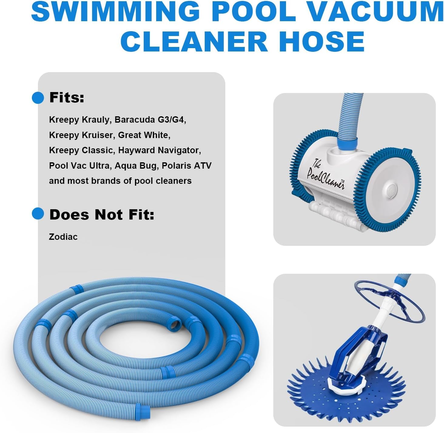 Poolvio hose next to measuring tape showing customizable up-to-40-foot length