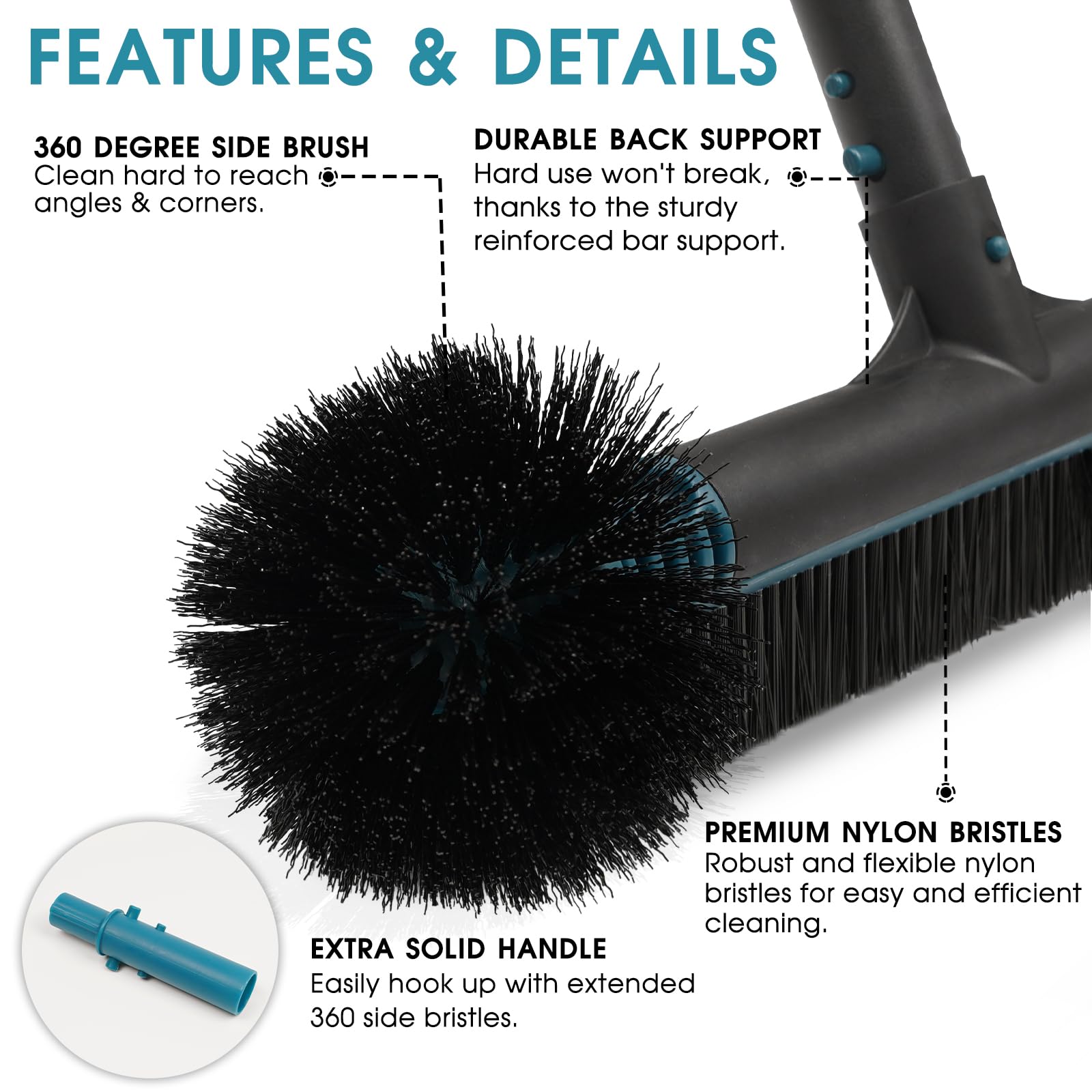 Poolvio brush in use on pool wall with pole illustrating efficient algae removal