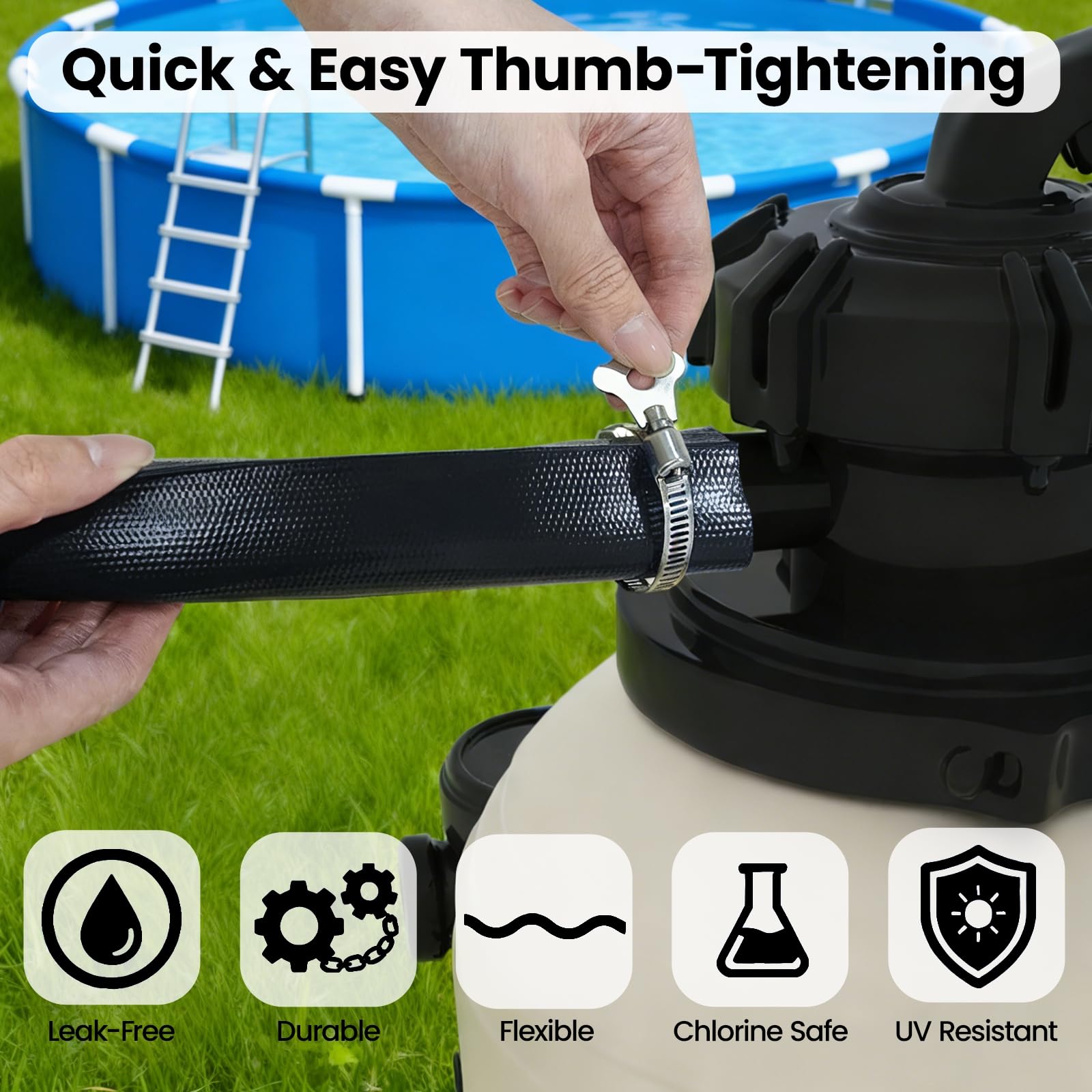 Poolvio lay-flat hose unrolled in yard demonstrating flexible, low-profile drainage