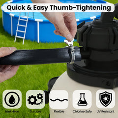 Poolvio lay-flat hose unrolled in yard demonstrating flexible, low-profile drainage