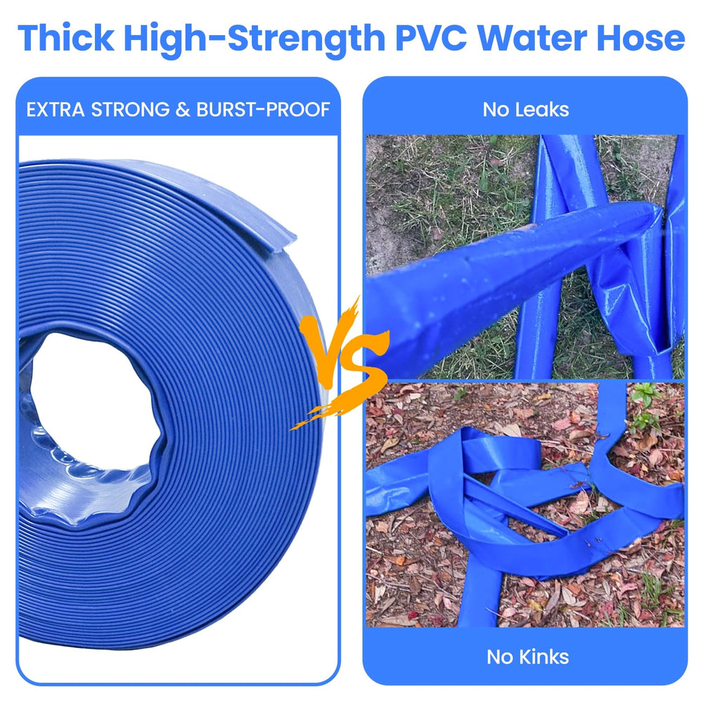 Poolvio full 50 ft hose unrolled beside tape measure showing length and coverage