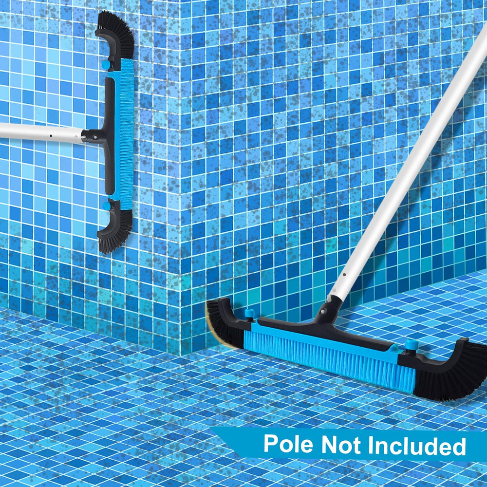 Poolvio brush leaning by a backyard pool showing professional maintenance ease and convenience
